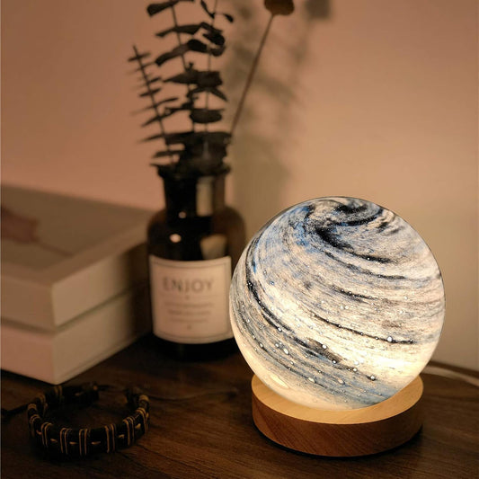 Blue Swirled Glass Globe Accent Lamp with Wooden Base, SK925