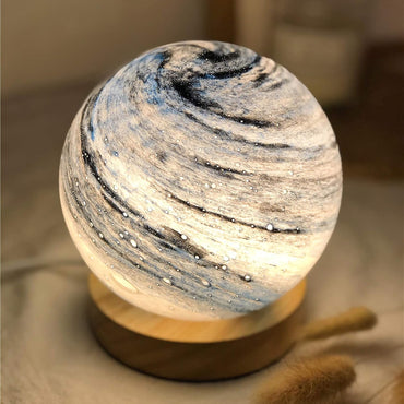 Blue Swirled Glass Globe Accent Lamp with Wooden Base, SK925