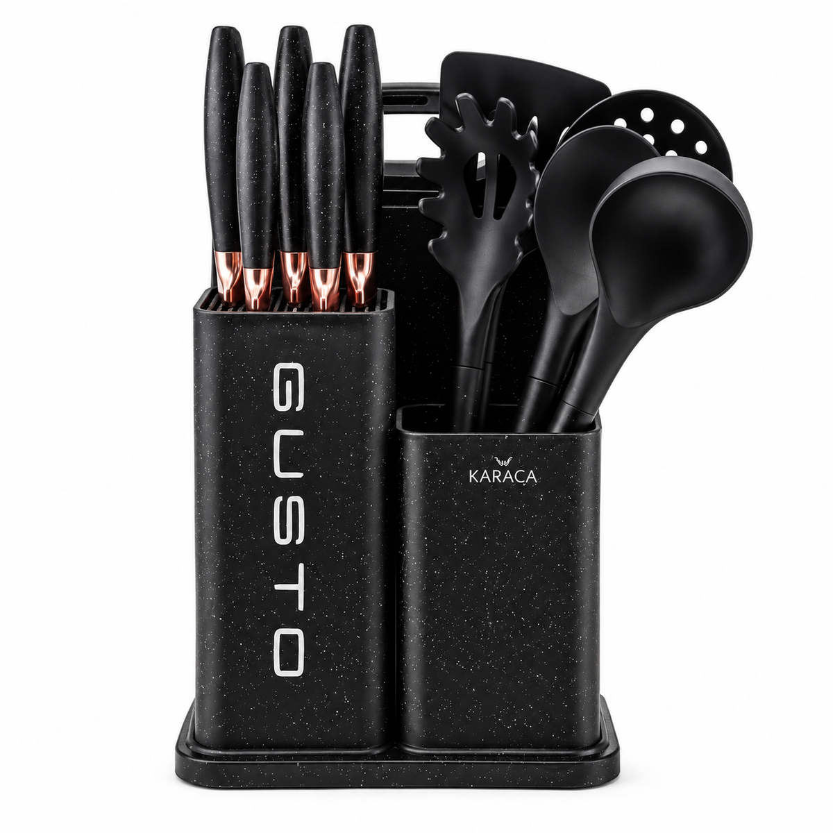 Karaca Gusto 12-Piece Knife & Kitchen Utensil Set with Block & Chopping Board – Black, 153.03.06.7246