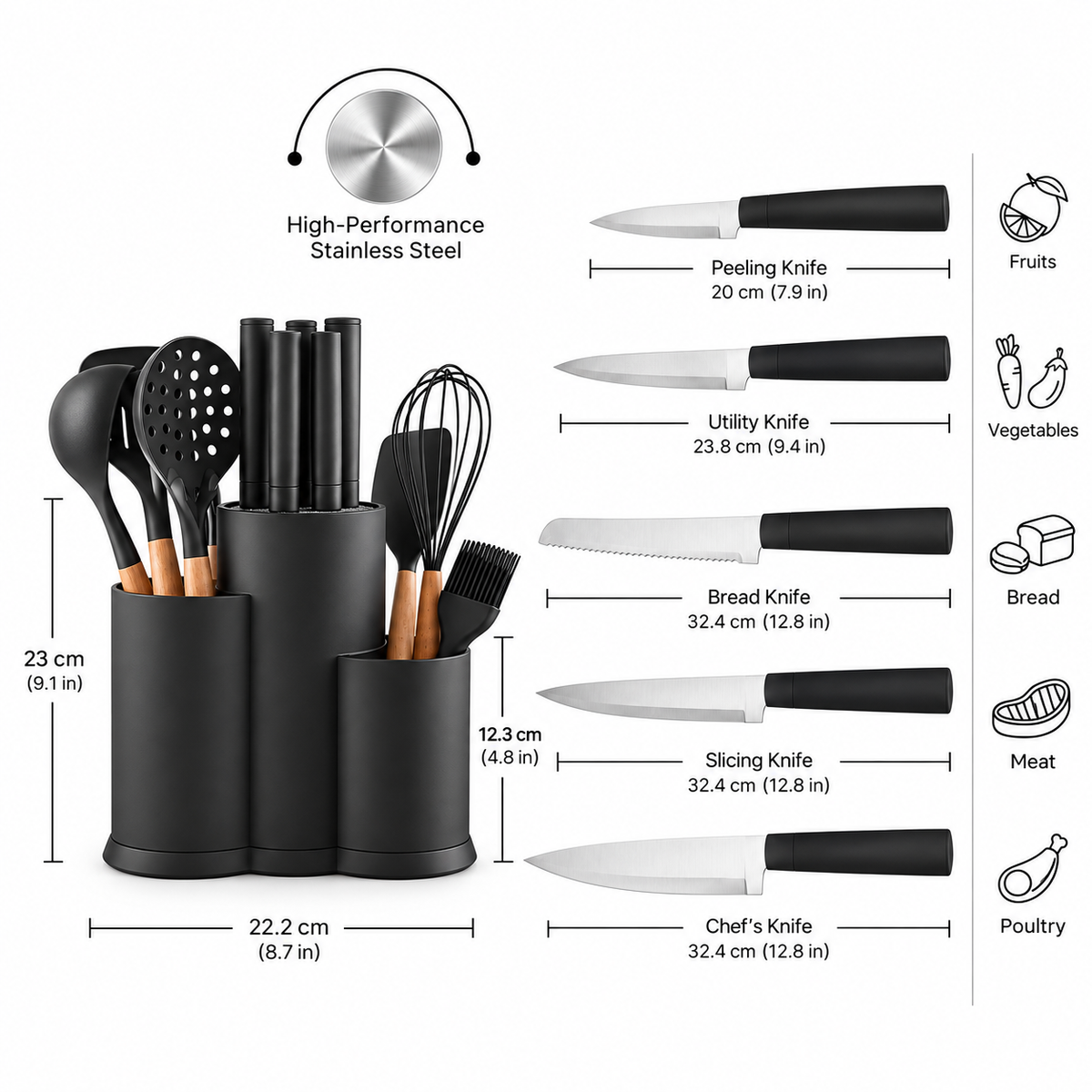 Karaca Burby Black Wood 14-Piece Serving & Knife Set, 153.03.09.0137