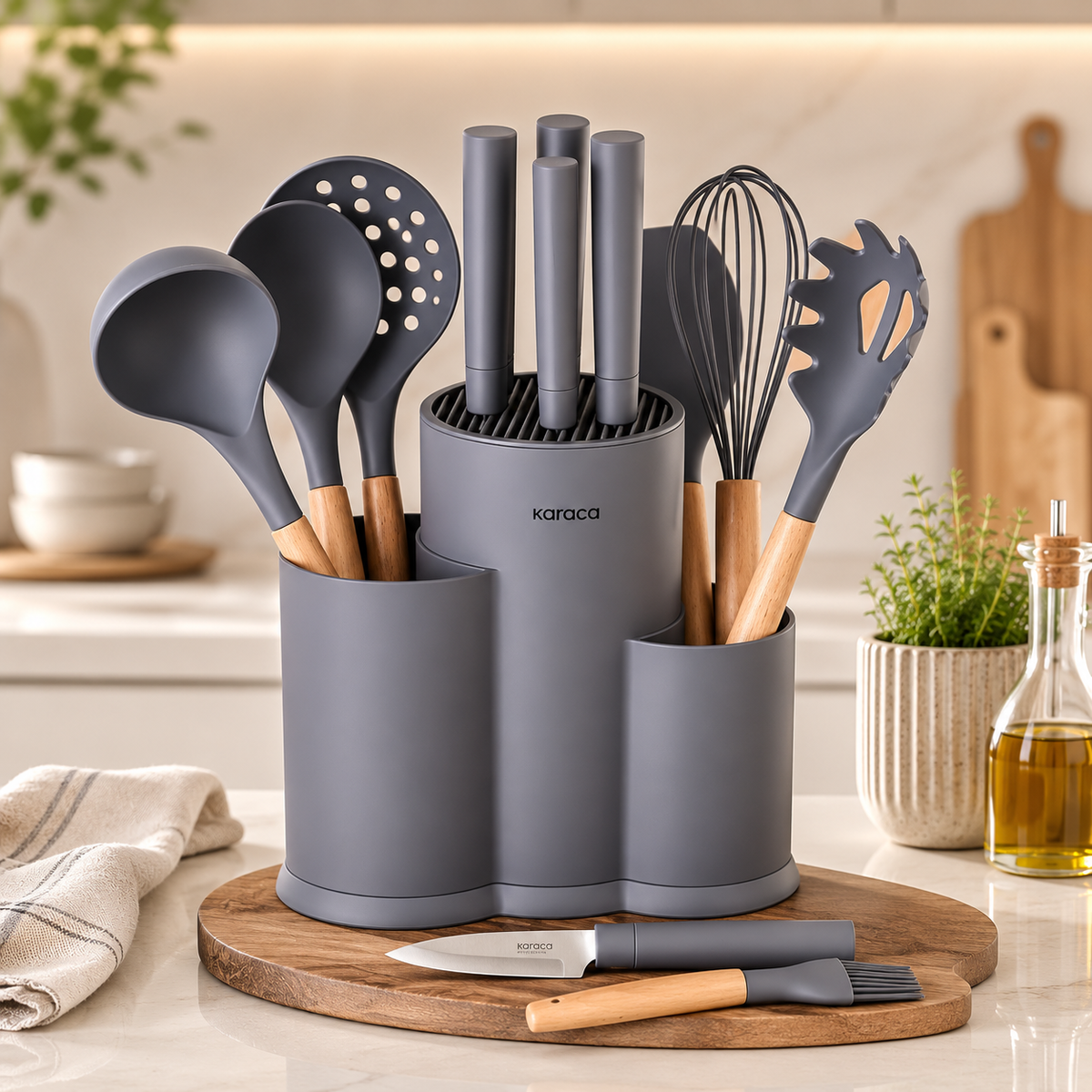 Karaca Burby 14-Piece Knife and Serving Set - Grey | Soft Touch Block, 153.09.01.3202