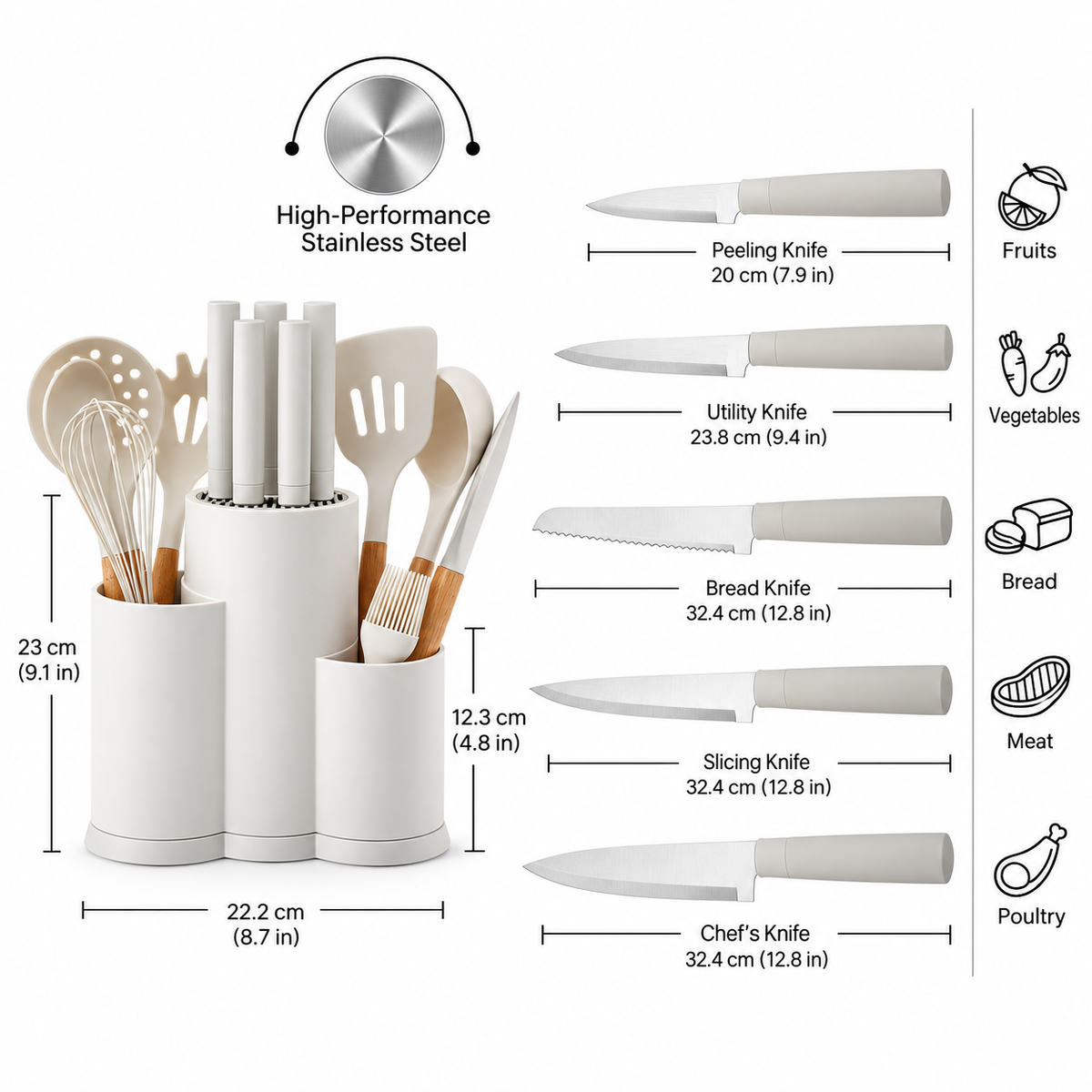 Karaca Burby Cream & Wood 14-Piece Serving and Knife Set, 153.09.01.3204