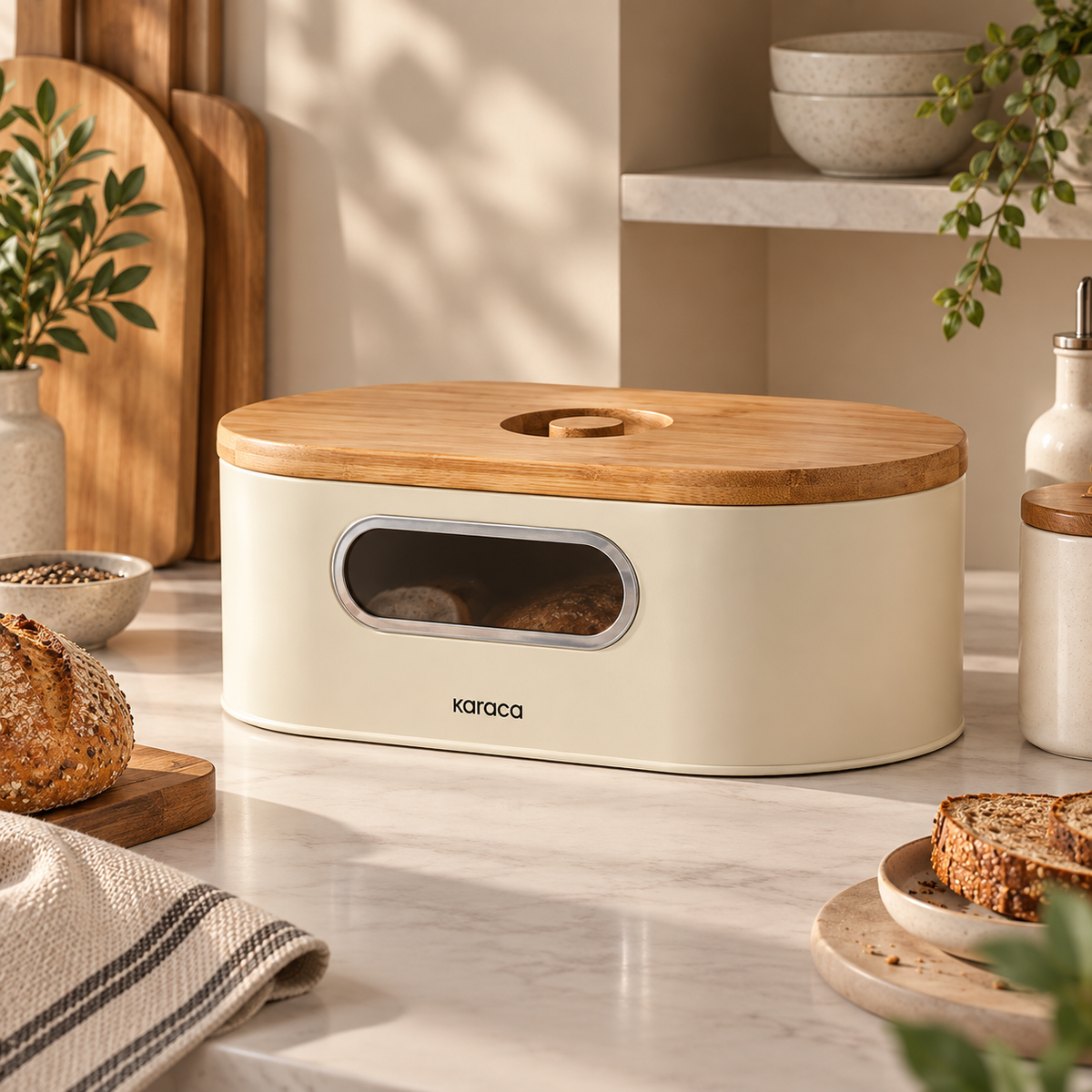 Karaca Stream 2-in-1 Bread Box & Cutting Board – Cream, 153.09.01.4246