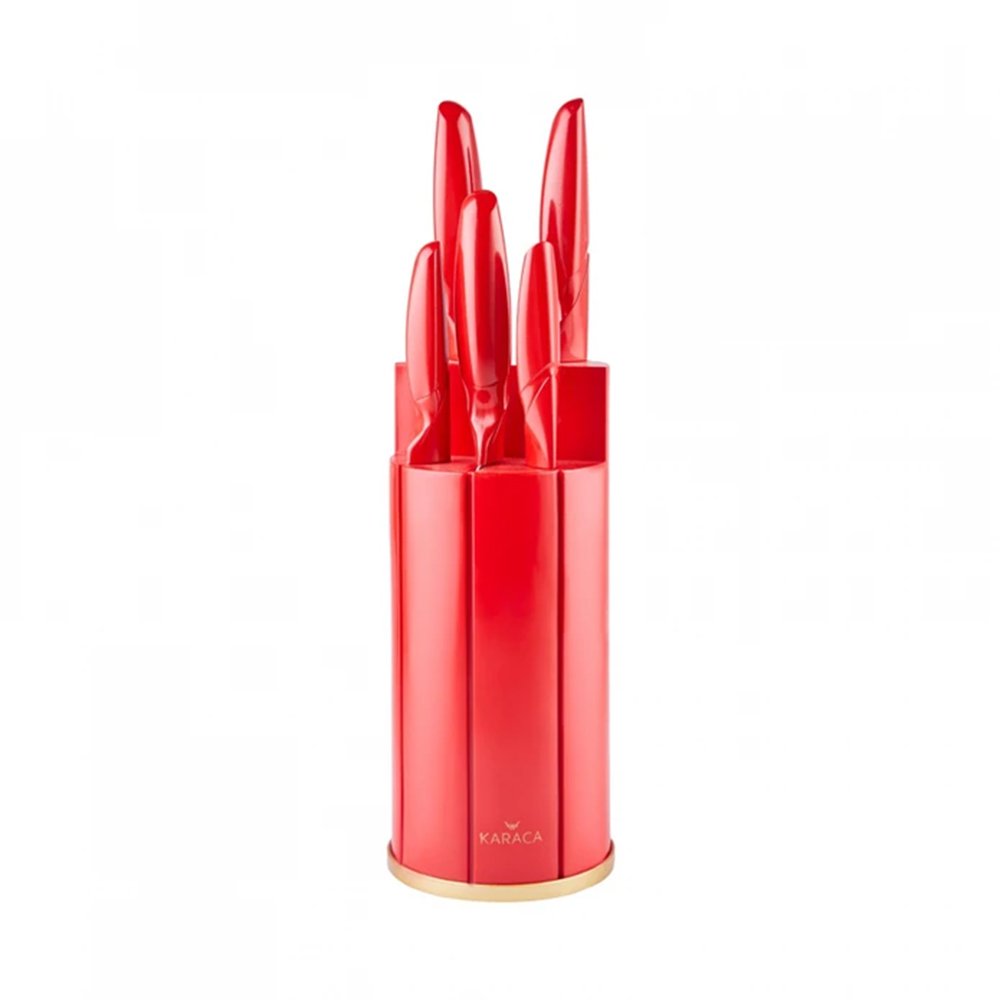 Karaca Retro Red 6-Piece Knife Set with Stand, 153.03.06.1749