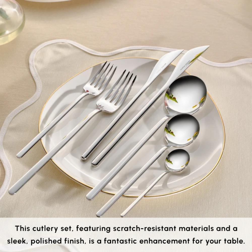 Karaca Focus 84-Piece Stainless Steel Cutlery Set for 12 People | Platinum Finish, 153.03.08.1807