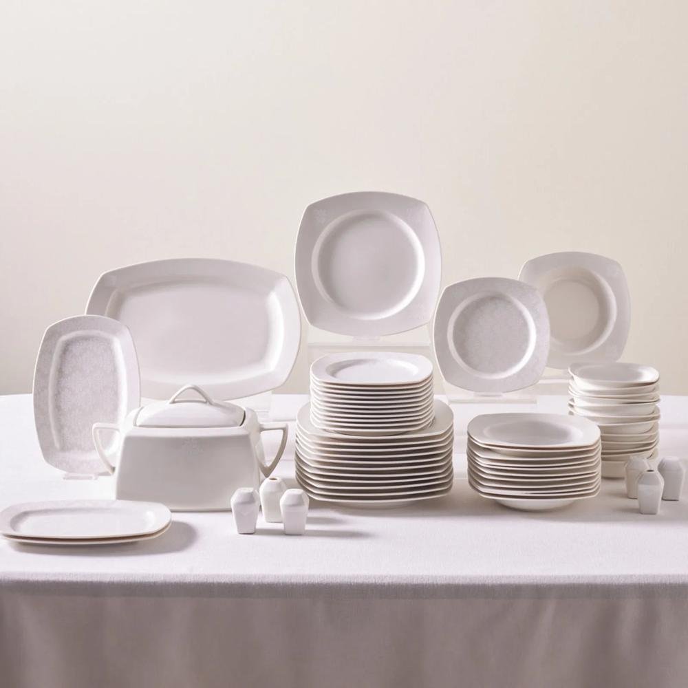Karaca Deren Square Bone 60-Piece Dinner Set for 12 People – Elegant White Embossed Porcelain, 153.03.08.2652