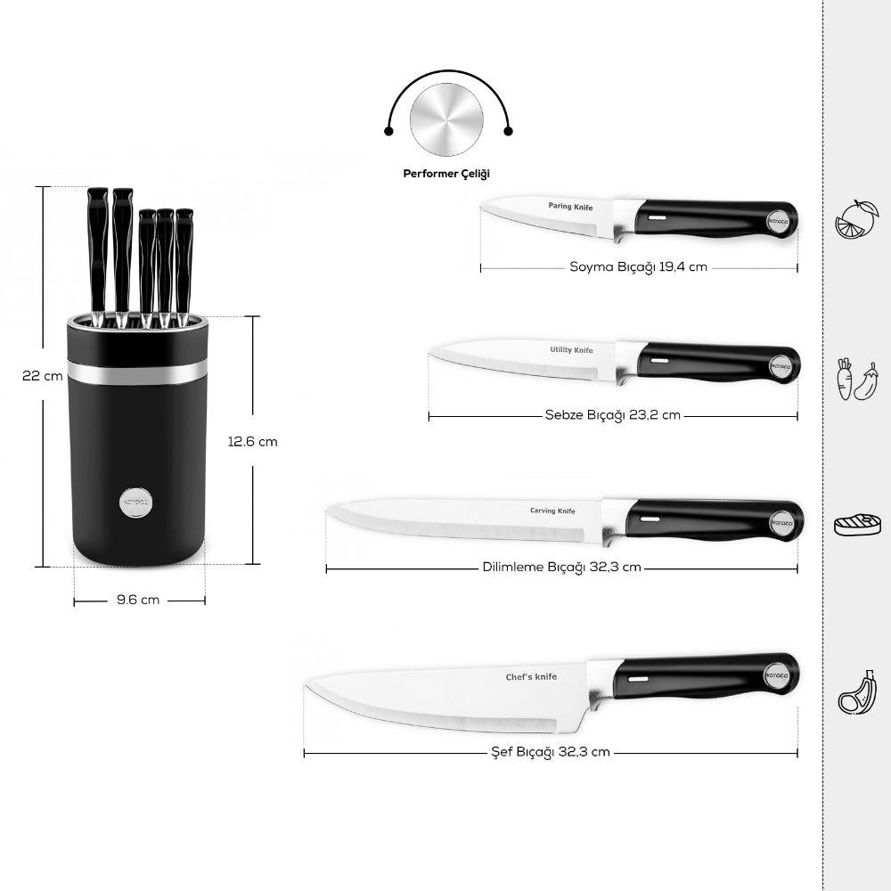 Karaca Mastermaid 6-Piece Knife Set with Stand – Black, 153.09.01.5222