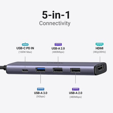Ugreen, 5-In-1 Usb-C Hub Docking Station Adapter (With Pd) Ugreen Cm478 - 15495