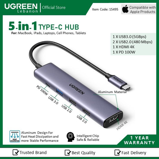 Ugreen, 5-In-1 Usb-C Hub Docking Station Adapter (With Pd) Ugreen Cm478 - 15495