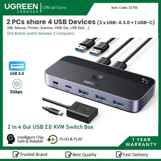 Ugreen, 2 In 4 Out Usb 3.0 Switch Box , 2 Pcs Share 4 Devices (3 X Usb-A 3.0 + 1 Usb-C) Ugreen Cm662 - 15705