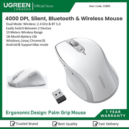 Ugreen, 4000 Dpi Silent 2.4Ghz Bluetooth & Wireless Mouse Ugreen Mu101 - 15805 (White)