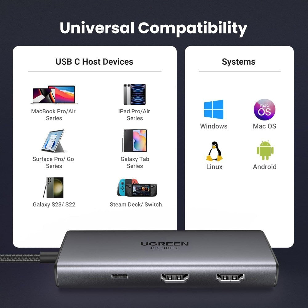 Ugreen, 8K Dual Display 6-In-1 Usb-C Hub Docking Station Adapter (With Power Delivery) Ugreen Cm498 - 15852