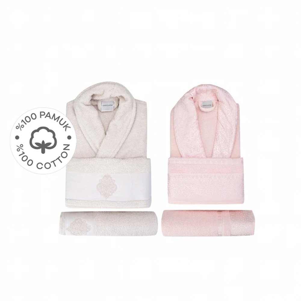 Karaca Home Vivien Flos 100% Cotton 6Pcs Stone Powder Family Bathrobe Set, 200.17.01.0398