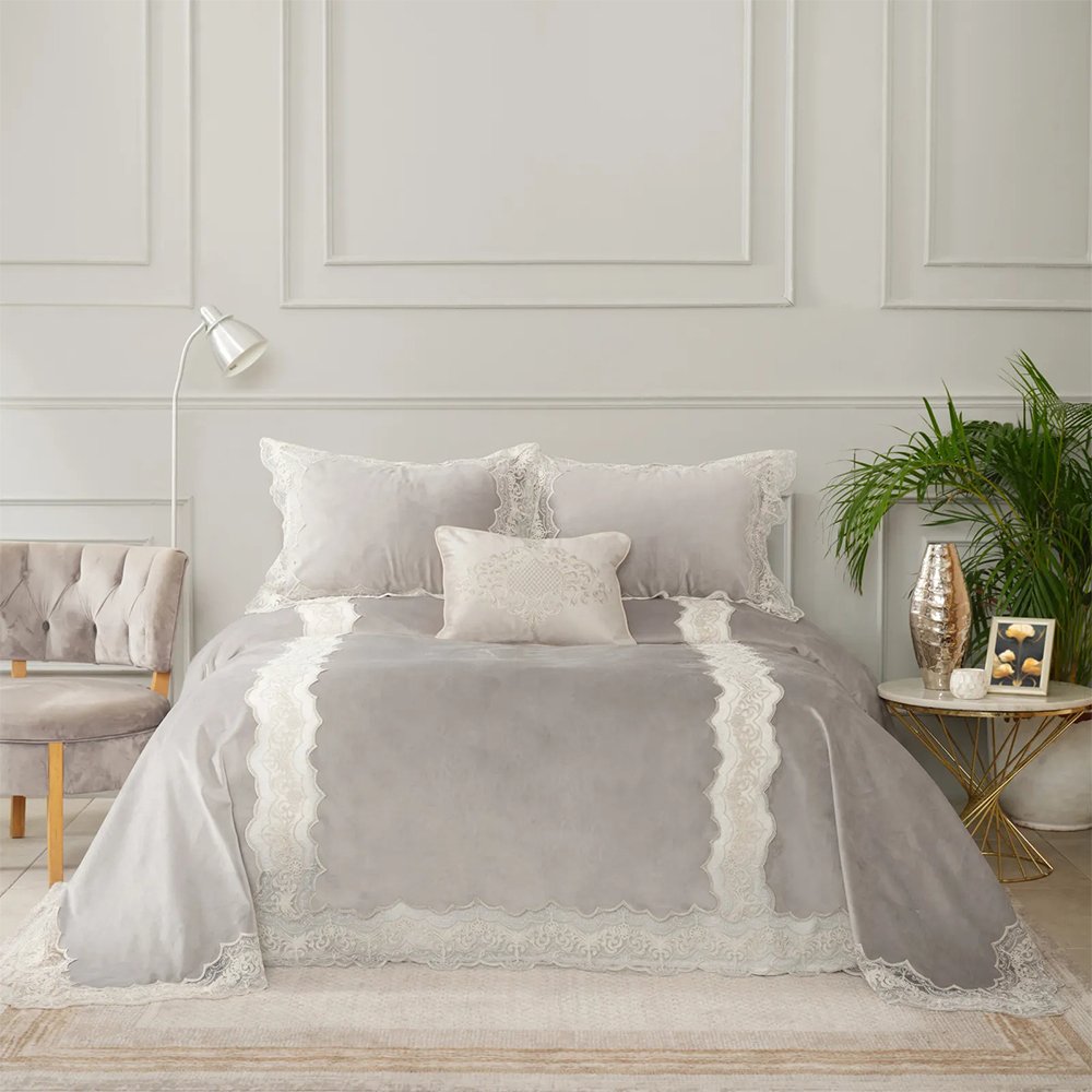 Karaca Home Mathilda Blue 4Pcs Gold French Lace Dowry Bedspread Set, 200.21.01.0330