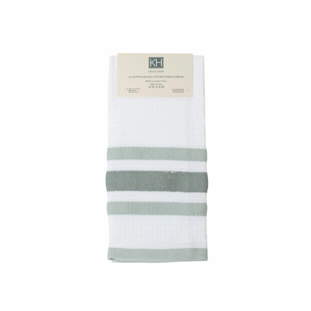 Karaca Home Swiss Green/White 100% Cotton Kitchen 2-Piece Towel Set 60 x 40 cm, 200.21.01.0519