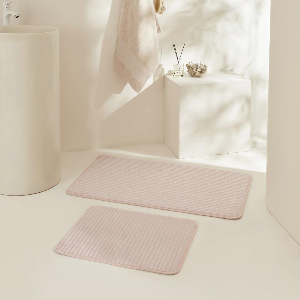 Karaca Home Plaid Embossed 2-Piece Bath Mat Set - Powder | Soft Absorbent Bathroom Rugs, 200.22.05.0261