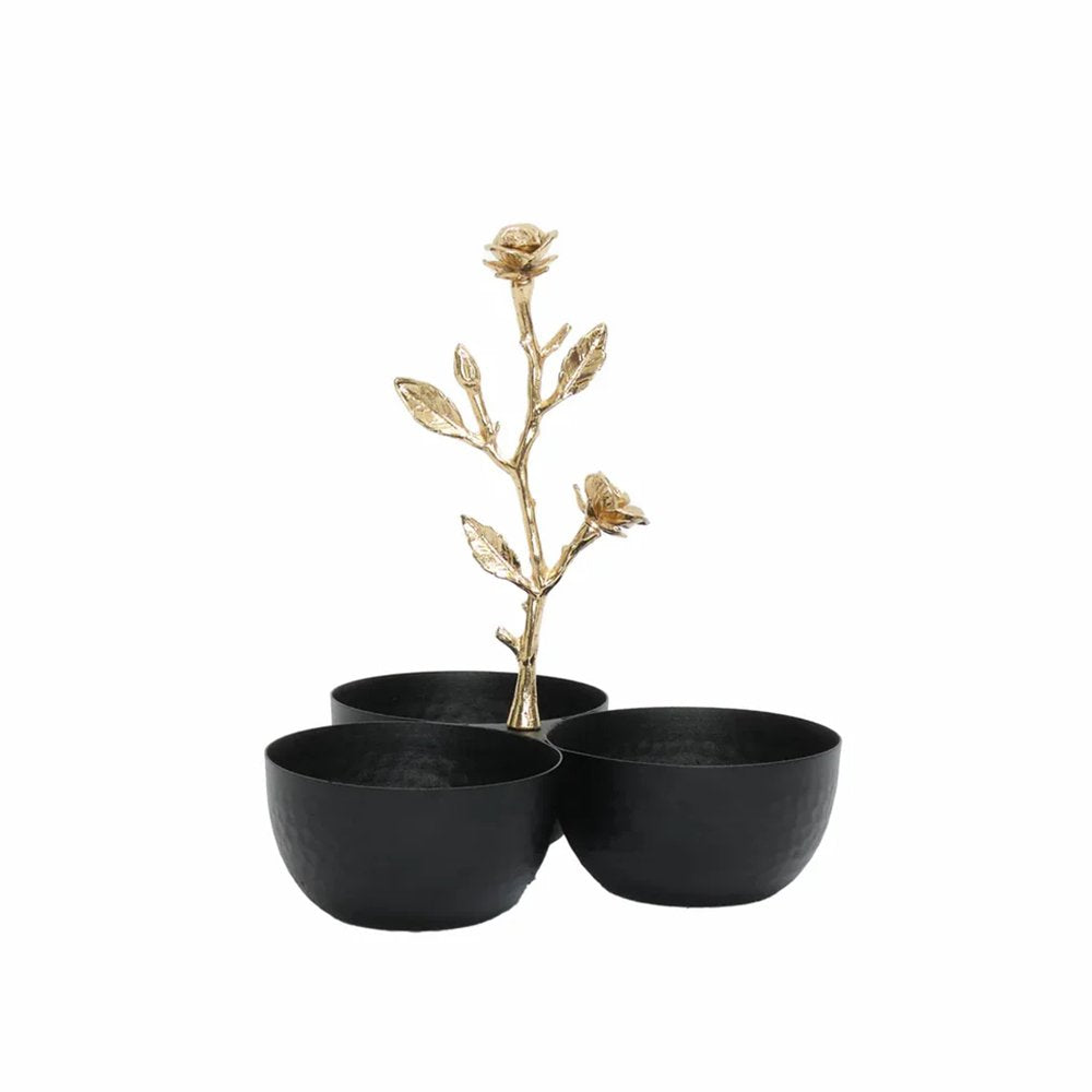 Karaca Home Decorative 3 Compartment Snack Bowl, 21x33x11cm, Black Gold, 300.22.02.0949