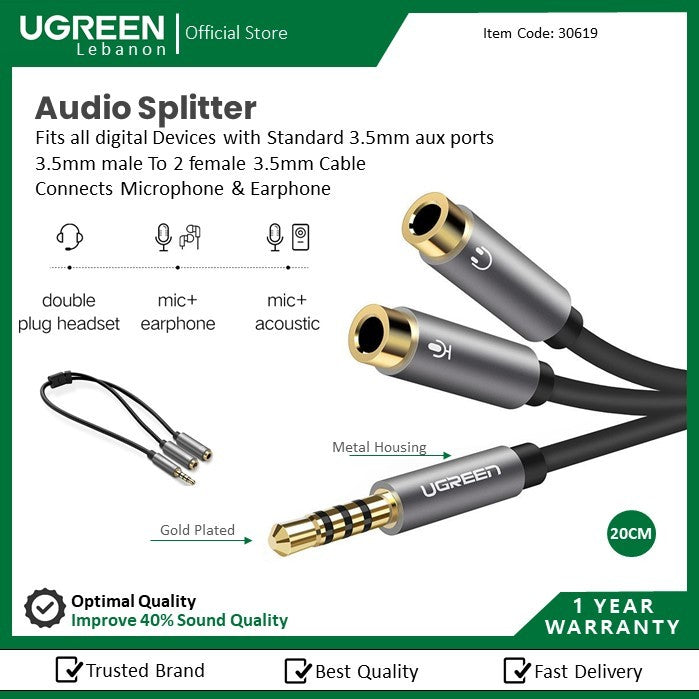 Ugreen, Audio Splitter 3.5Mm Male To 2 Female 3.5Mm Cable 20Cm