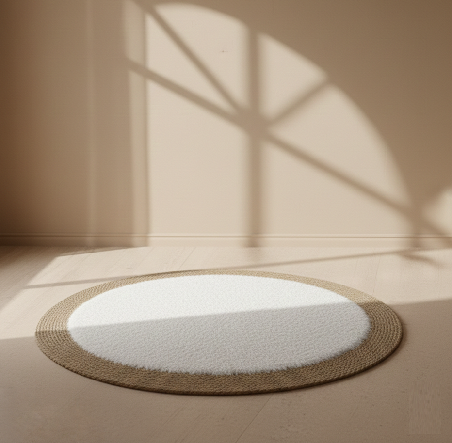 Elegant Round Rattan Rug with Soft White Fur 120 cm, Modern Boho Floor Design, SK965