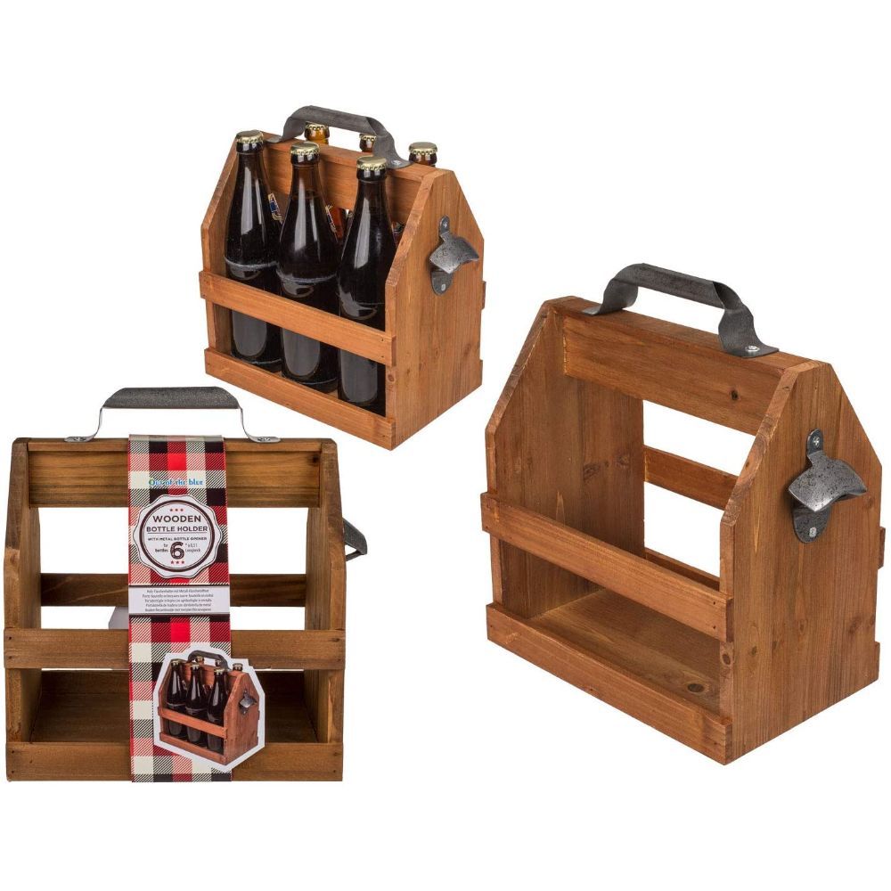 Out Of The Blue, Wooden Bottle Holder With Metal Bottle Opener, Holds 6 Bottles, 26 X 28 Cm, 71/3168