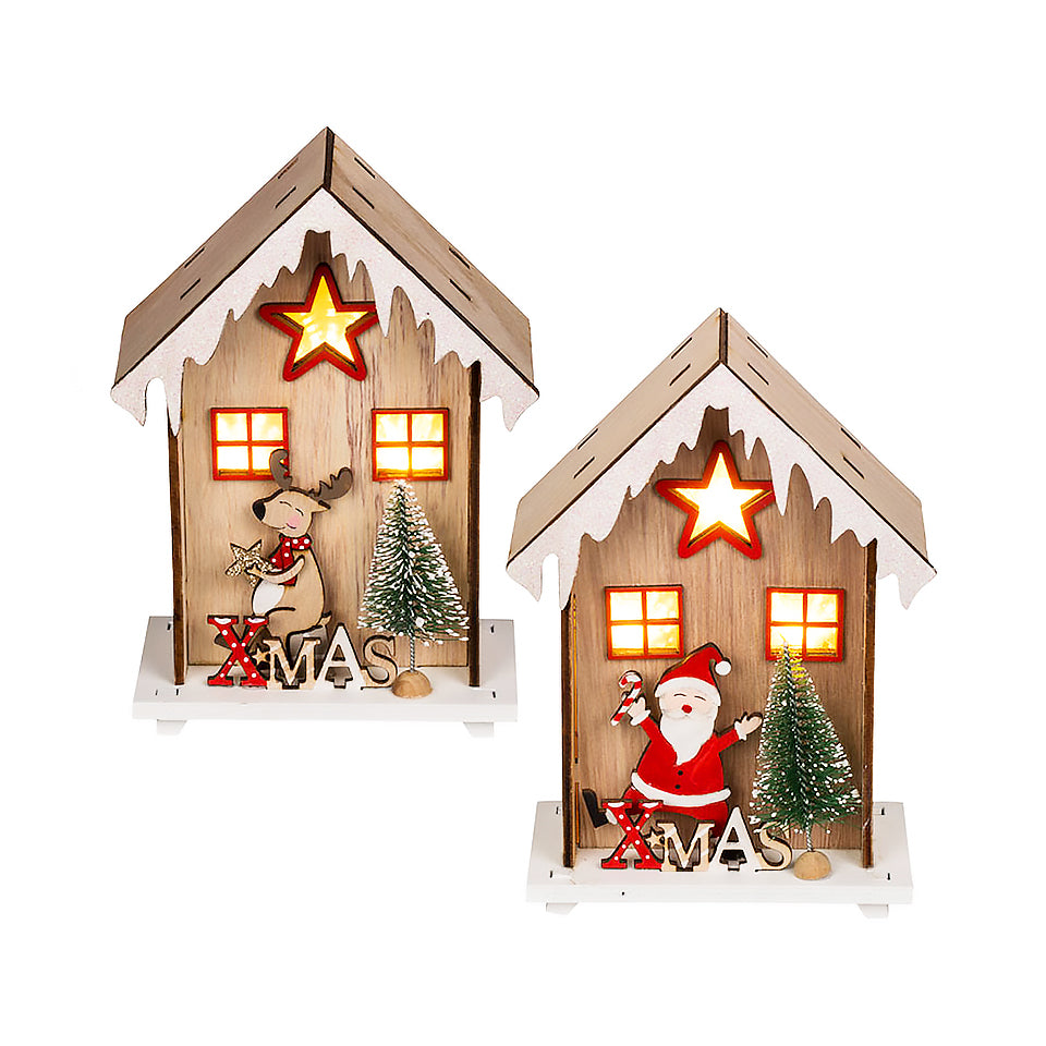 Out Of The Blue, Wooden Winter House Christmas 11 X 15 Cm, With Warm White Led 950127