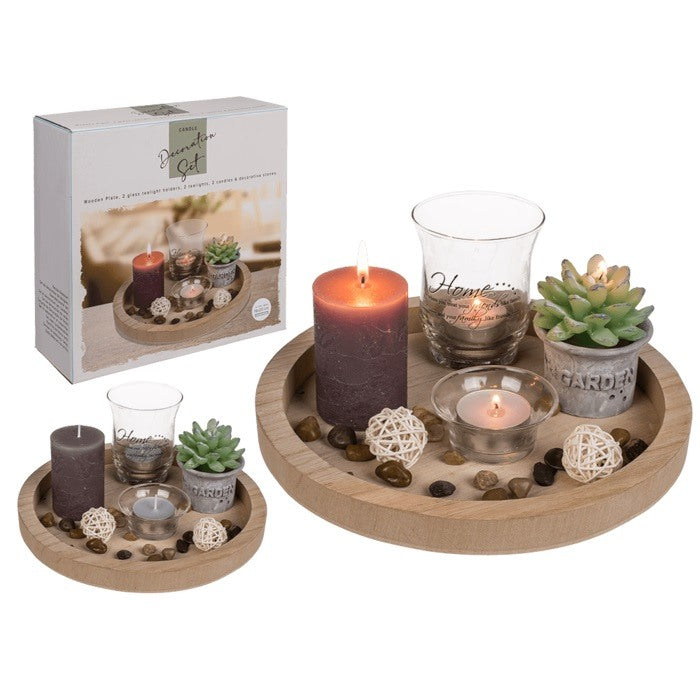 Out Of The Blue, Wooden Plate 23X9Cm With 2 Glass Tealight Holders, 2 Tealights, 2 Candles & Deco Stones #220163.