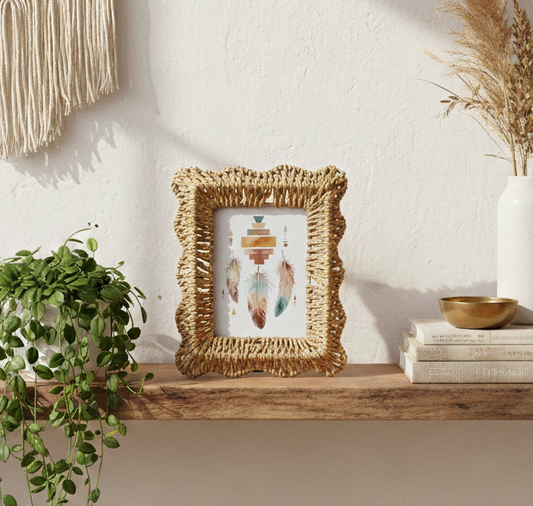 Boho Scalloped Rattan Photo Frame, Natural Woven Accent, SK971
