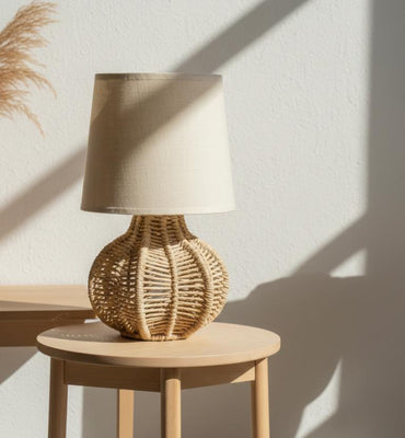 Boho Coastal Table Lamp 35 cm, Woven Rattan Base with Fabric Shade, SK974