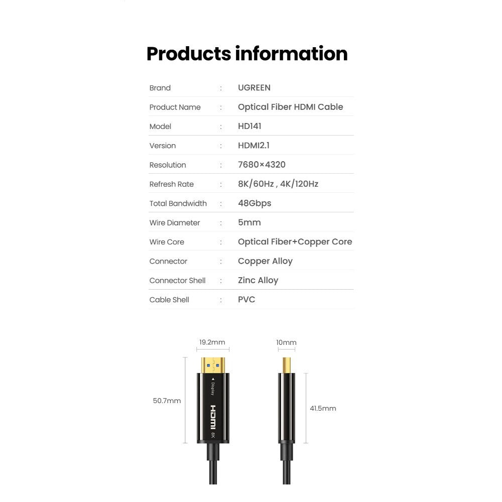 Ugreen, 8K Hdmi 2.1 Male To Male Fiber Optic Cable, Premium Quality, Durable Design & Excellent Flexibility Ugreen Hd141 - 50400 - 50500