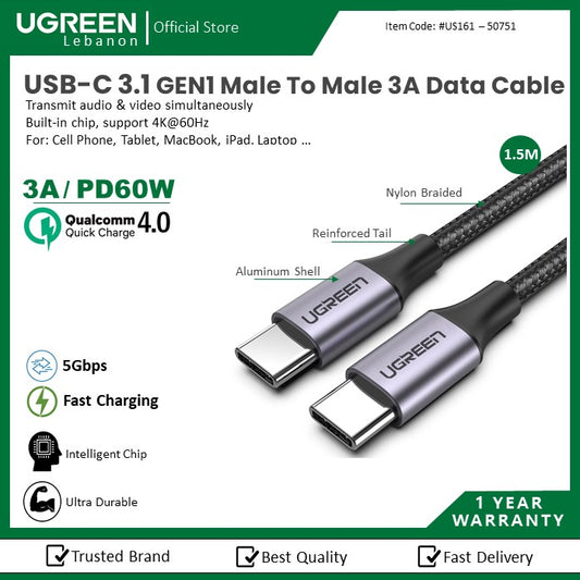 Ugreen, Usb-C 3.1 Gen1 Male To Male, Pd60W Fast Charge & Data Cable (5Gbps) - Nylon Braided & Aluminum Body Ugreen Us161 - 50751