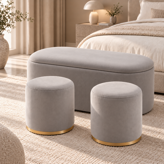 Luna Velvet Storage Bench & Pouf Set – 3 Pieces | 9415-388