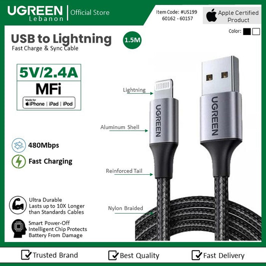 Ugreen, Mfi, Apple Certified 1.5M Cable Usb To Lightning 5V/2.4A - Nylon Braided & Aluminum Body Ugreen Us199 - 60157