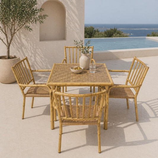 Outdoor Dining Set 70X70 cm Aluminum Table with Tempered Glass Top & 4 Chairs, 6043/6038