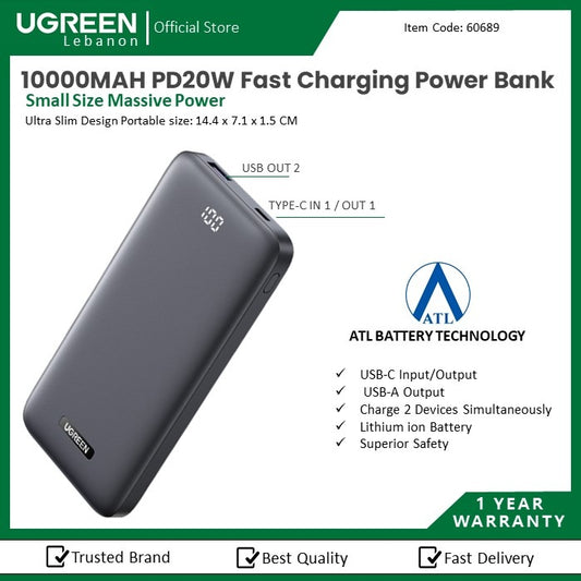 Ugreen, Dual Port 10000Mah Ultra Slim Quick Charging 20W Power Bank With Digital Display Ugreen Pb198 - 60689