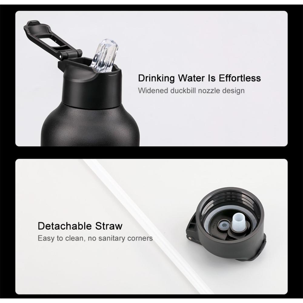 Uzspace Stainless Steel Water Bottle With Straw Lid 1100Ml #4206 Black , 6955482343937