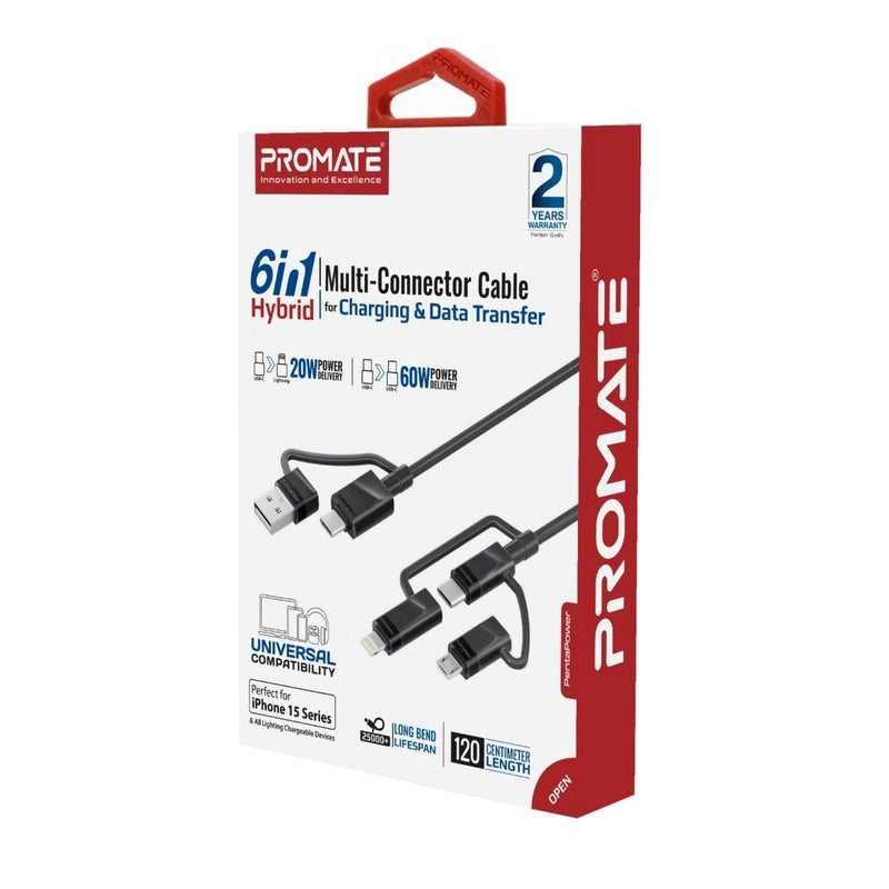 Promate, Cable Charger 6 In 1 Multi Connector & Data Transfer #Pentapower.Black