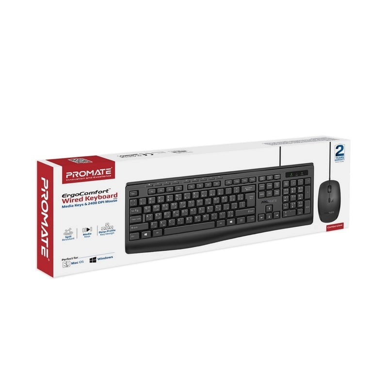 Promate, Wired Ergocomfort Keyboard With Media Keys &2400 Dpi Mouse #Combo-Cm4 Black