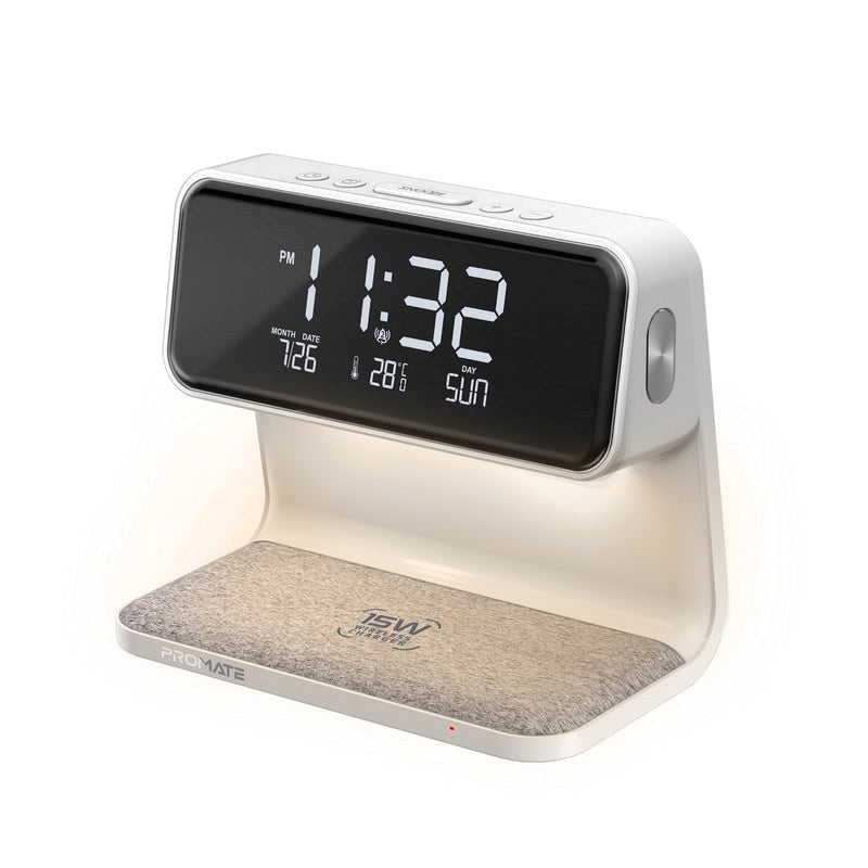 Promate, 3 In 1 Led Alarm Clock Wireless Charger 15W #Lumix-15W.White