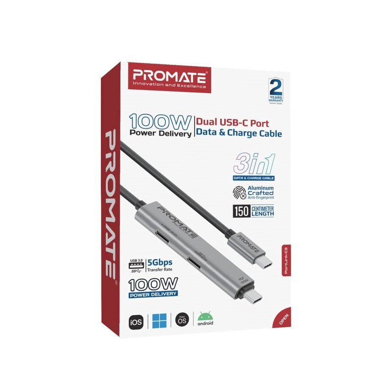 Promate, Dual Usb-C Port Data & Charge Cable 100W Power Delivery #Portlink-C3 Grey