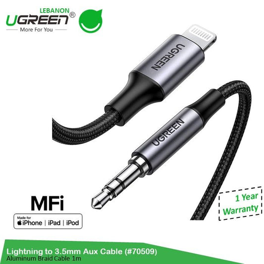 Ugreen, Lightning To 3.5Mm Aux Mfi Cable Aluminum Braid 1M For Iphone, Ipod And Ipad