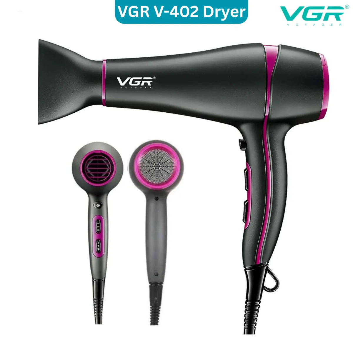 VGR V-402 Professional Salon Series Hair Dryer 1800-2200W AC Motor 3 Heat & 2 Speed Setting Independent Cool Shot 2 Styling Nozzle Concentrator Overheating Protection 2.5M Cord cable