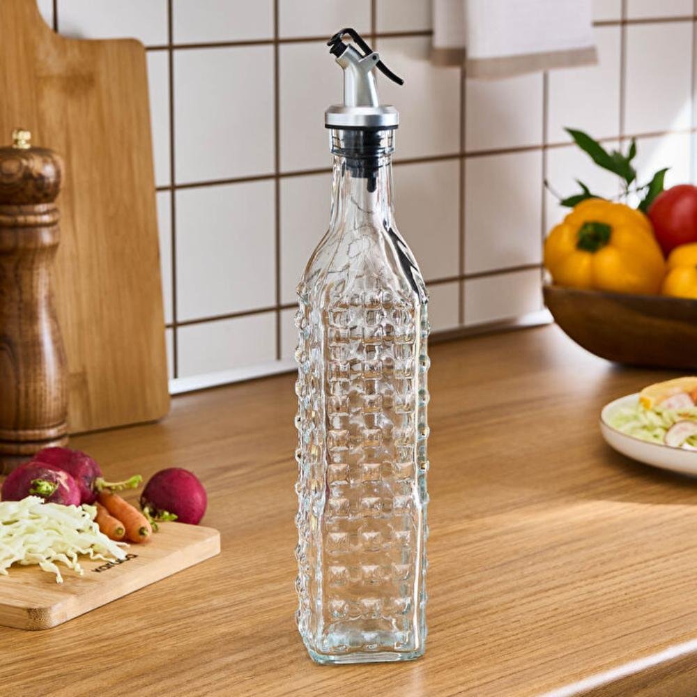Karaca Daisy Rectangular Oil Bottle 500 ml – Transparent Glass Dispenser, 8683650340638