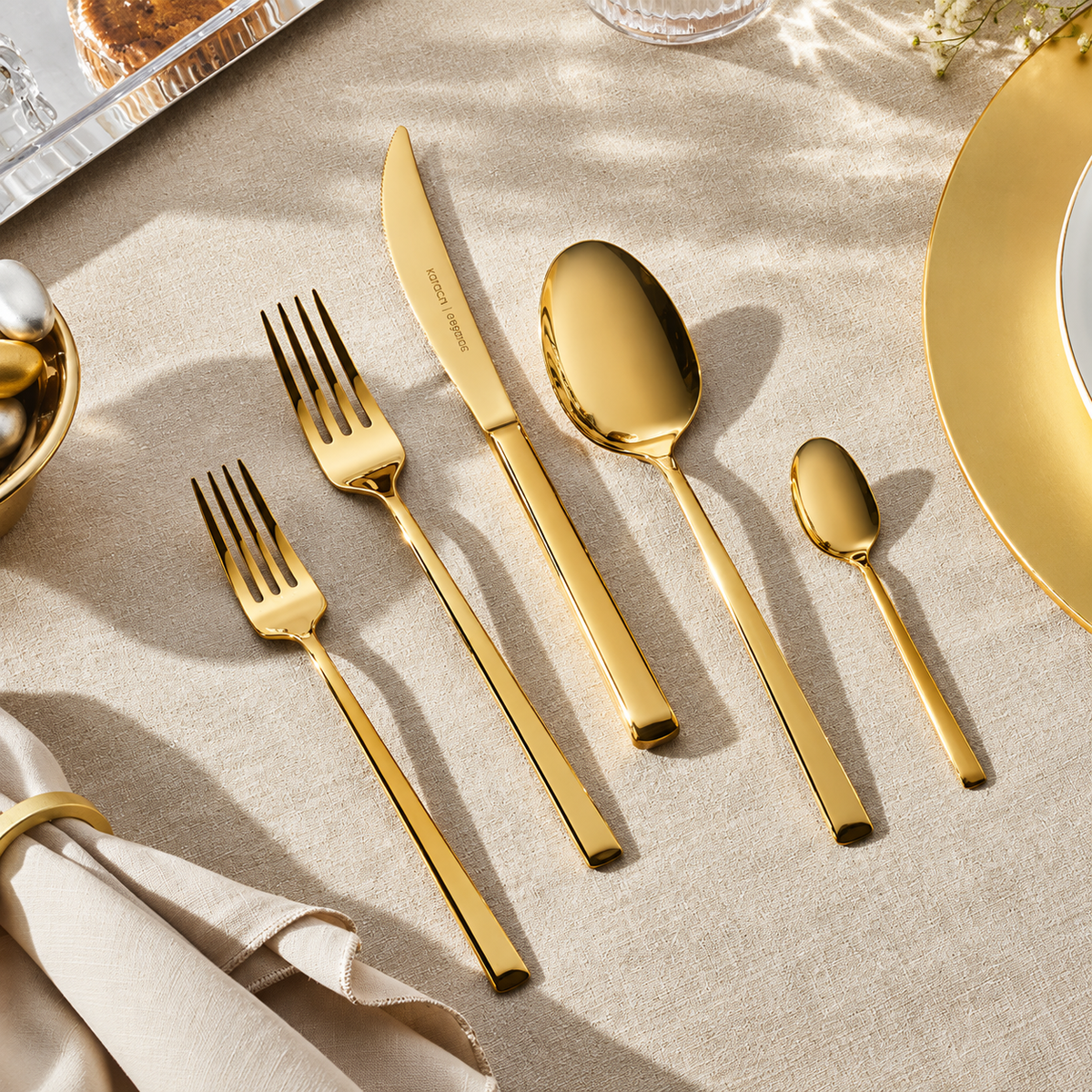 Karaca Tivoli 30-Piece Stainless Steel Cutlery Set for 6 People – Shiny Gold, 8683650381013