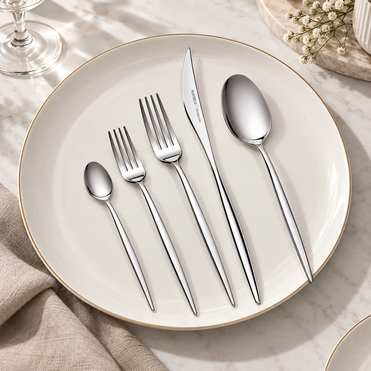 Karaca Lizbon 60-Piece 18/10 Stainless Steel Cutlery Set for 12 People, Platinum, 153.03.07.9686