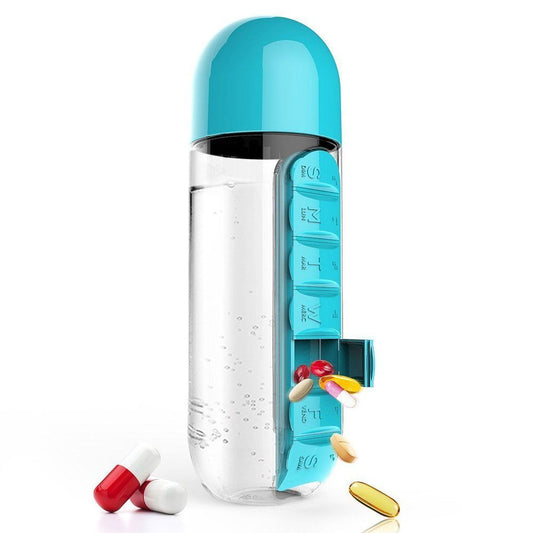 Cool Gift, Daily Pill Box Organizer With Water Bottle, Available in Different Colors