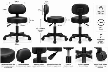 Professional Adjustable Rolling Salon Stool with Backrest