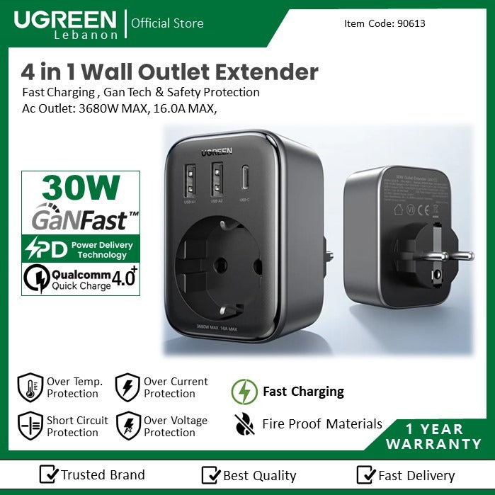Ugreen, 4 In 1 Wall Outlet Extender 30W 2Xusb A + 1 Type C Fast Charging , Gan Tech & Safety Protection Ugreen Cd314-90613