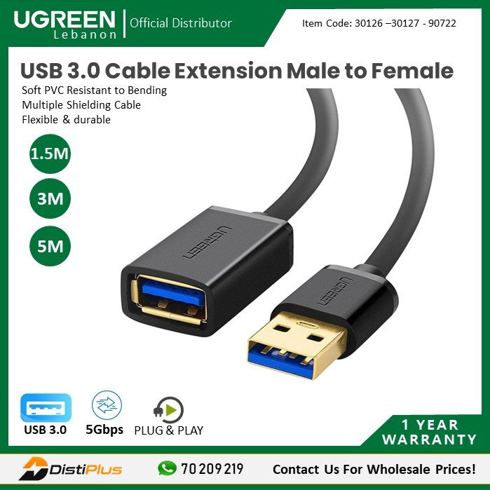 Ugreen, Usb 3.0 Cable Extension Male To Female Ugreen Us129 - 30126 - 30127 - 90722, Available in Different Sizes