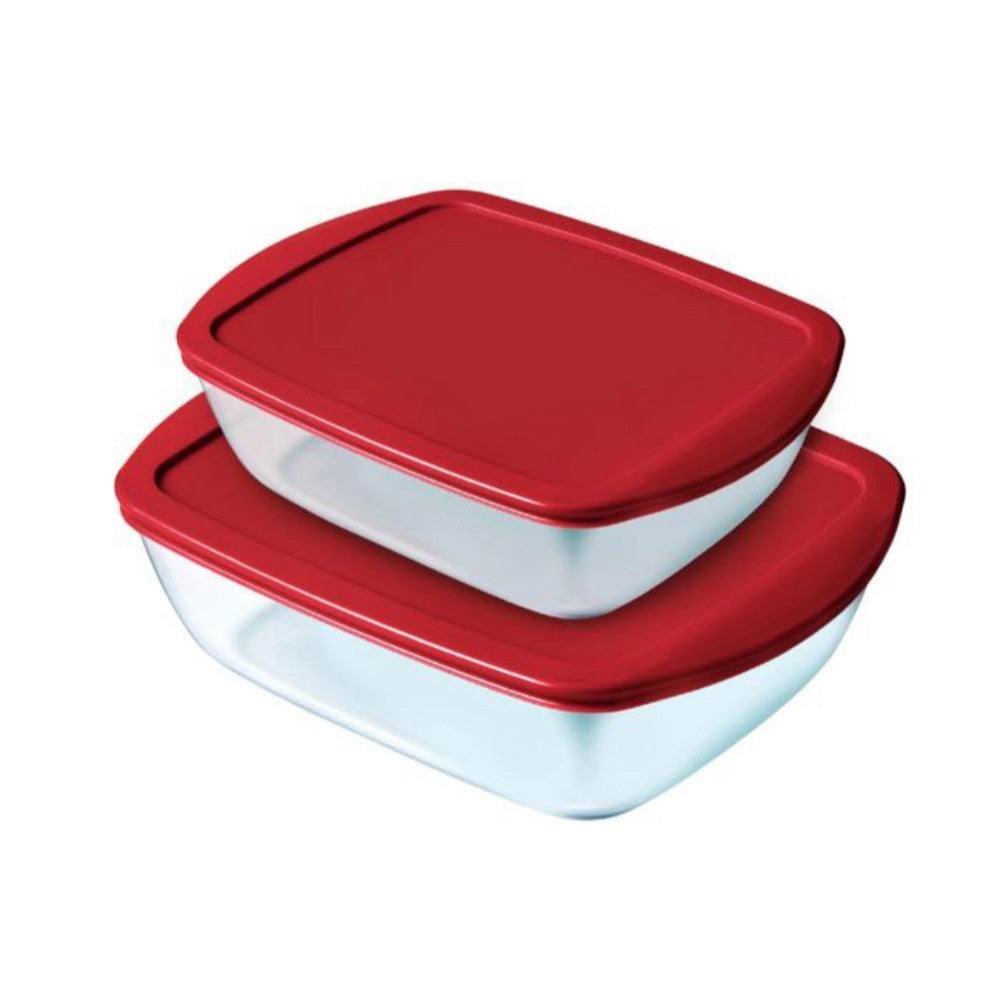 Pyrex, Set Of 2 Rectagular Dish + Red Lid 1.2L/2.5L Made In France