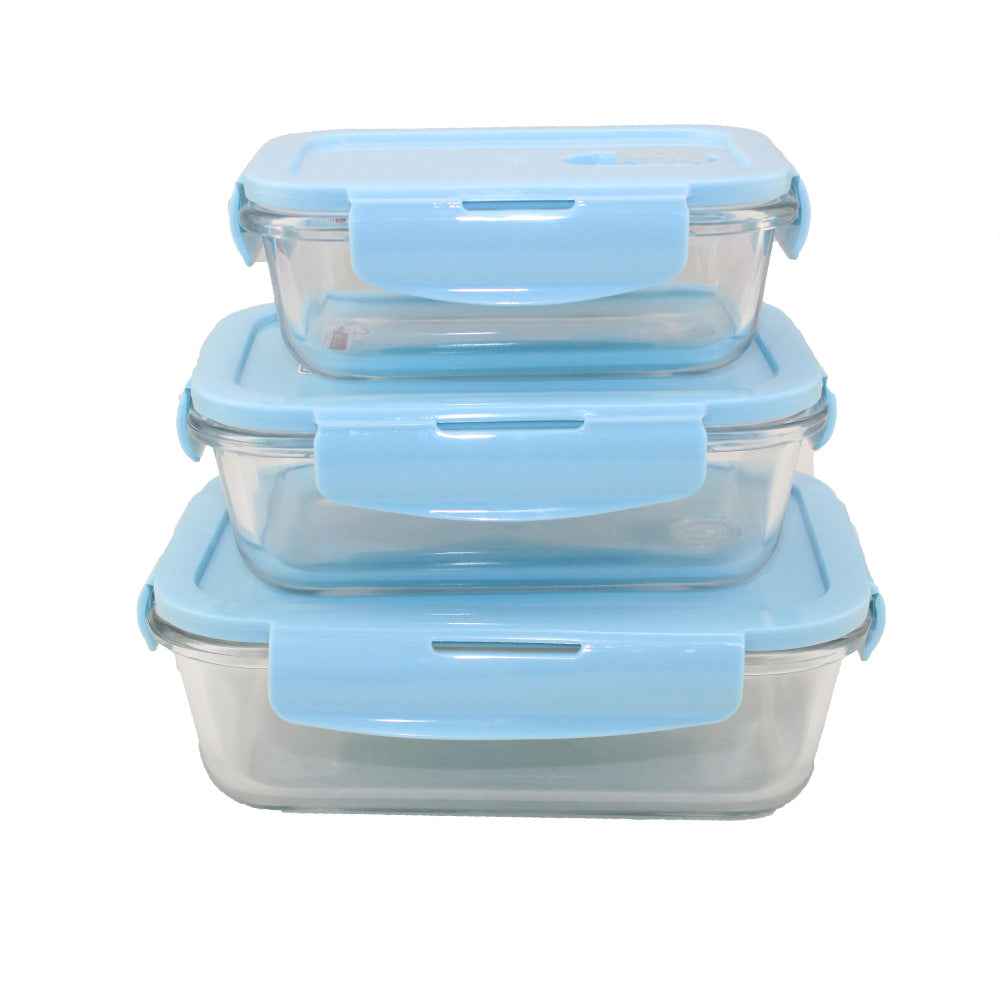 Cool Gift, Glass Rectangular Food Storage With Lock Lid Set Of 3 Pcs, Available in Different Colors